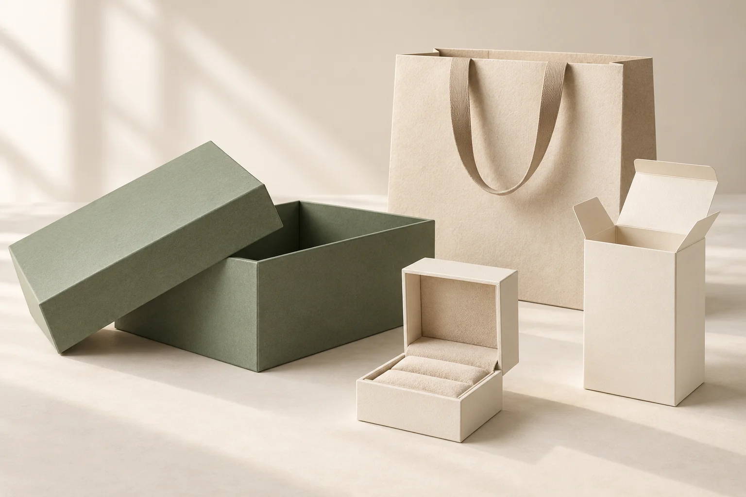 Packaging concept with a sage green rigid gift box, cream jewelry box, folding carton and paper bag